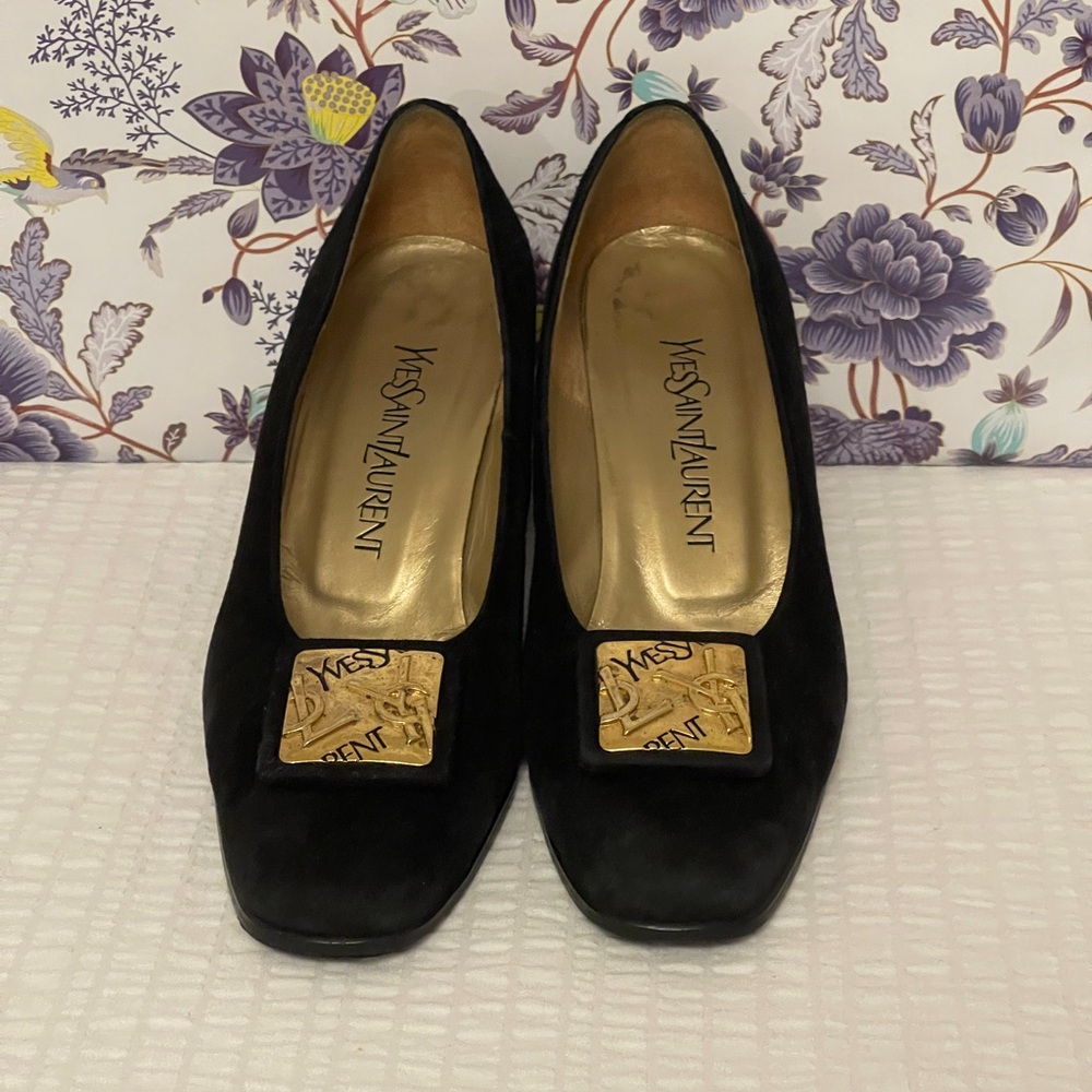 Yves Saint Laurent Black Suede Heels with Gold Plaque